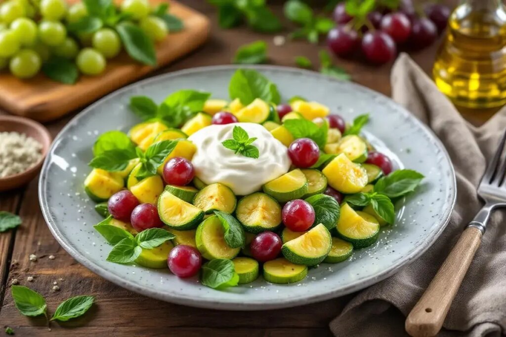 Cette salade tiède au raisin, yaourt et courgette surprend même les chefs étoilés.jpg