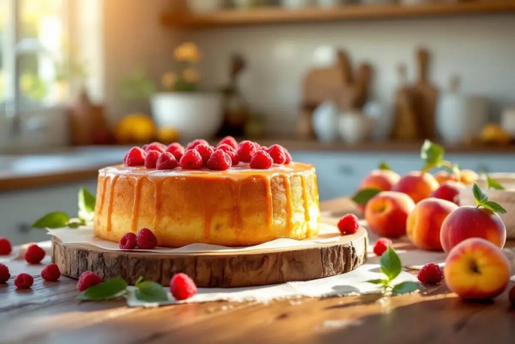 Facile et fruité : ce cake aux pêches et framboises devient vite un incontournable.jpg